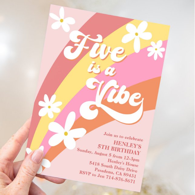 Pink Five Is a Vibe Retro Daisies Rainbow Birthday Invitation (Creator Uploaded)