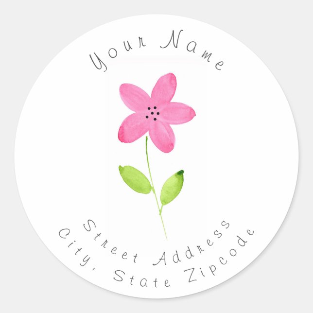 'Pink Five Petal Watercolor Flower' Label (Front)