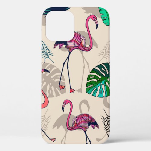 Pink flamigos and tropical leaves seamless pattern iPhone 12 case