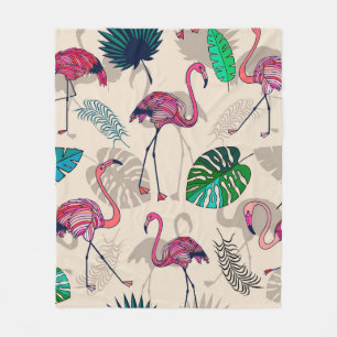 Pink flamigos and tropical leaves seamless pattern fleece blanket