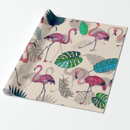 Pink flamigos and tropical leaves seamless pattern wrapping paper
