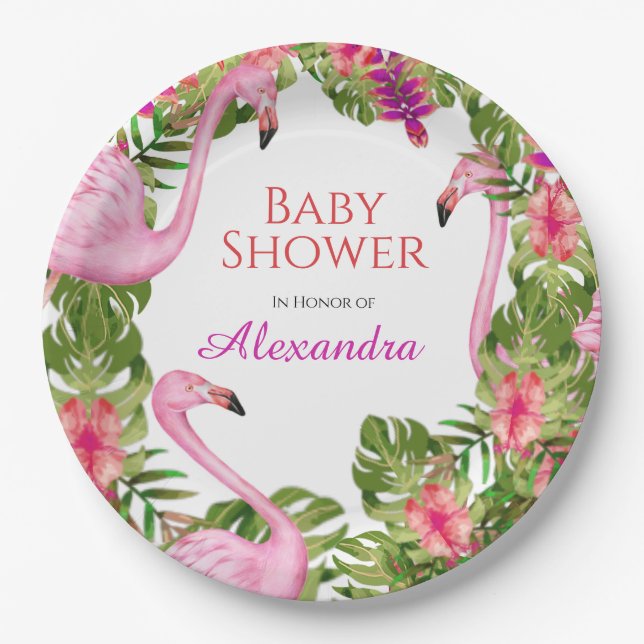  Pink Flaming Tropical Wildlife Girl Baby Shower  Paper Plates (Front)