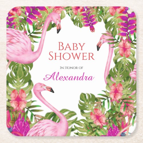  Pink Flaming Tropical Wildlife Girl Baby Shower   Square Paper Coaster