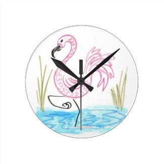 Pink Flamingo #13 by EelKat Wendy C Allen Round Clock