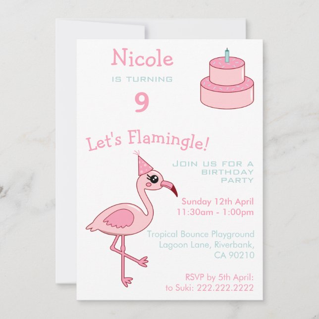 Pink Flamingo 9th Birthday Party Invitation (Front)