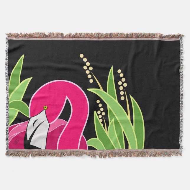 Pink Flamingo Abstract On Black Throw Blanket (Front)