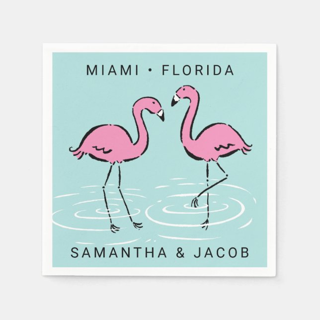 Pink Flamingo Add Names and Location Paper Napkins (Front)