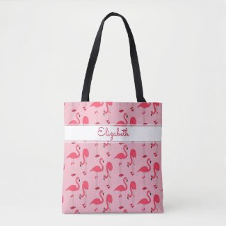Pink Flamingo All Over Print with Name Tote Bag