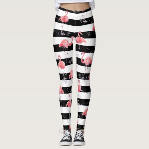 Pink flamingo and Black_and_white stripes pattern Leggings