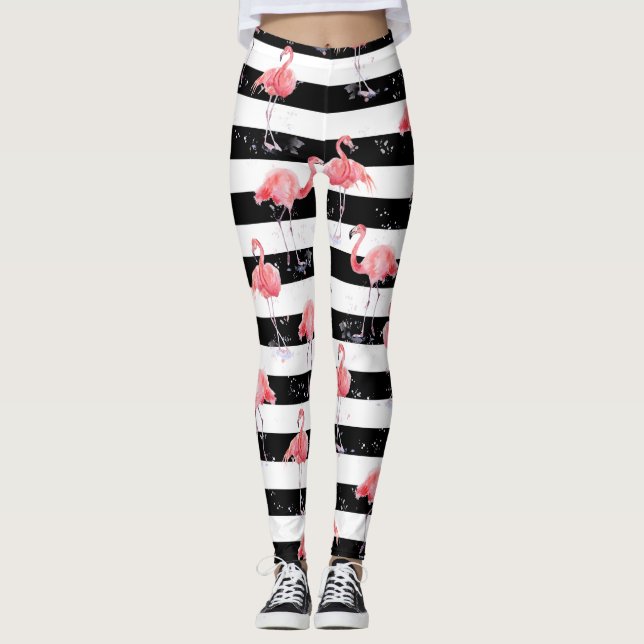Pink flamingo and Black-and-white stripes pattern Leggings (Front)