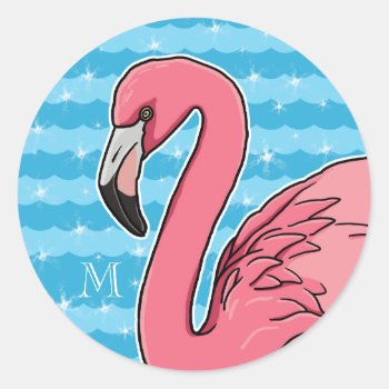 Pink Flamingo And Blue Waves  Add Monogram Classic Round Sticker by DuchessOfWeedlawn at Zazzle