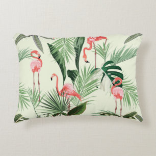 Pink flamingo and exotic flowers, palm leaves. Flo Accent Pillow