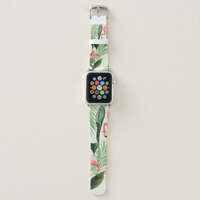 Pink flamingo and exotic flowers, palm leaves. Flo Apple Watch Band (Front)