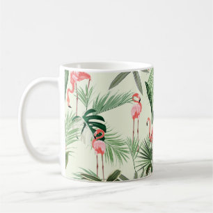 Pink flamingo and exotic flowers, palm leaves. Flo Coffee Mug