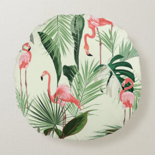 Pink flamingo and exotic flowers, palm leaves. Flo Round Pillow