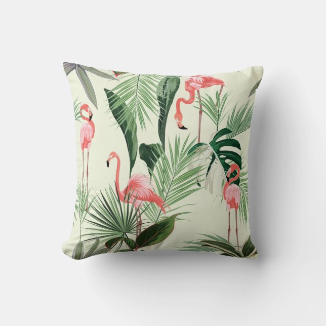 Pink flamingo and exotic flowers, palm leaves. Flo Throw Pillow (Front)