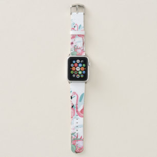 Pink flamingo and exotic flowers, palm leaves, whi apple watch band