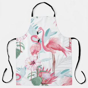 Pink flamingo and exotic flowers, palm leaves, whi apron