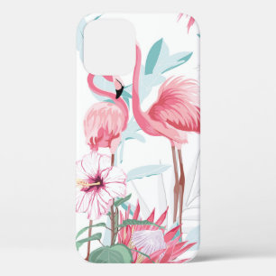 Pink flamingo and exotic flowers, palm leaves, whi iPhone 12 case