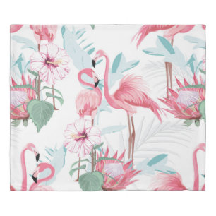 Pink flamingo and exotic flowers, palm leaves, whi duvet cover