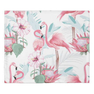Pink flamingo and exotic flowers, palm leaves, whi duvet cover
