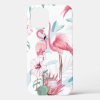 Pink flamingo and exotic flowers, palm leaves, whi