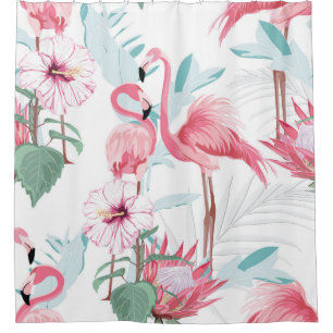 Pink flamingo and exotic flowers, palm leaves, whi shower curtain