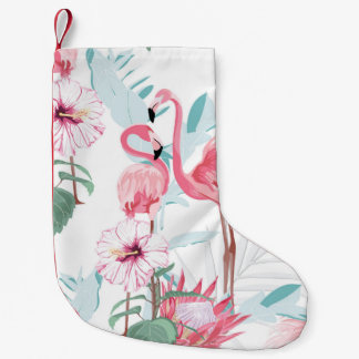 Pink flamingo and exotic flowers, palm leaves, whi small christmas stocking