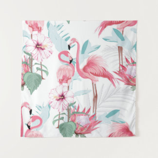 Pink flamingo and exotic flowers, palm leaves, whi tapestry