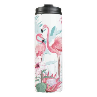 Pink flamingo and exotic flowers, palm leaves, whi thermal tumbler