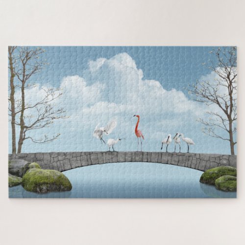 Pink flamingo and flock of spoonbills by a lake jigsaw puzzle