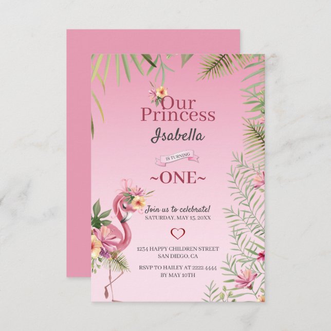 Pink Flamingo And Flowers Birthday Invitation (Front/Back)