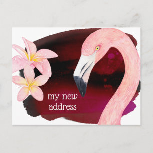 Pink Flamingo and Frangipani Flowers New Address Announcement Postcard
