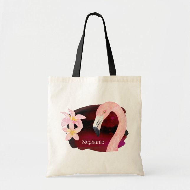 Pink Flamingo and Frangipani Flowers Personalized Tote Bag (Front)