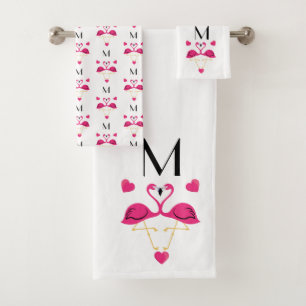 Pink Flamingo and Hearts Pattern Bath Towel Set