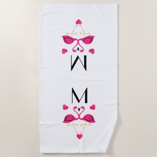 Pink Flamingo and Hearts Pattern  Beach Towel