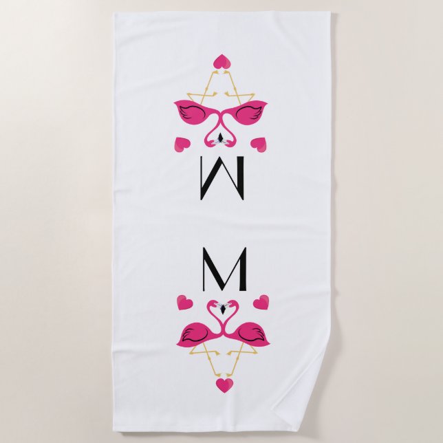 Pink Flamingo and Hearts Pattern  Beach Towel (Front)