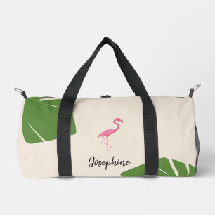 Pink Flamingo and leaves Tropical personalized Duffle Bag