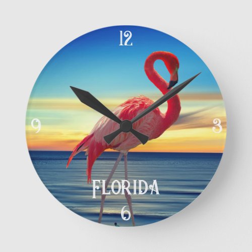 Pink Flamingo and Ocean Sunset   Round Clock
