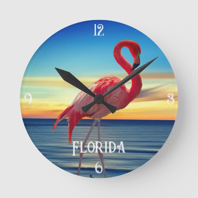 Pink Flamingo and Ocean Sunset   Round Clock (Front)