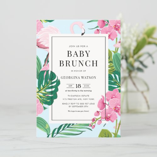 Pink Flamingo and Orchids Tropical Baby Brunch Invitation