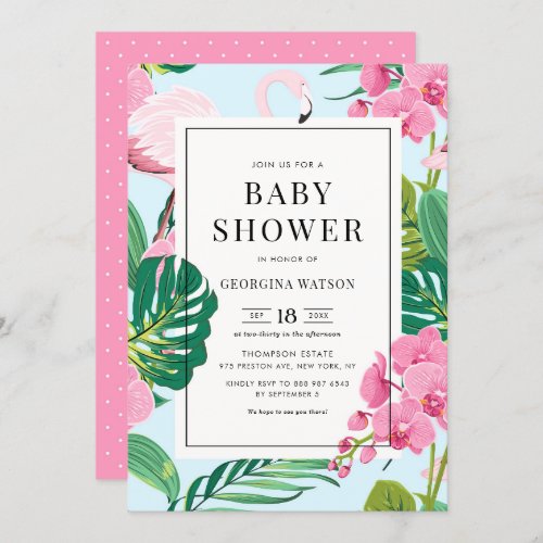 Pink Flamingo and Orchids Tropical Baby Shower Invitation
