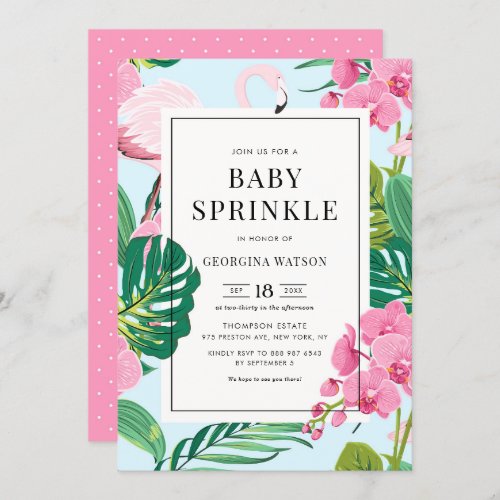 Pink Flamingo and Orchids Tropical Baby Sprinkle Invitation