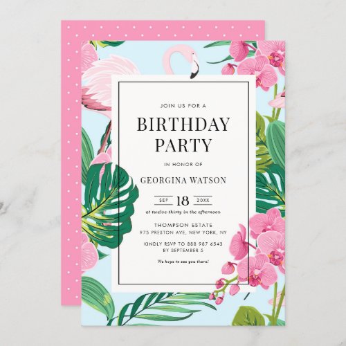 Pink Flamingo and Orchids Tropical Birthday Party Invitation