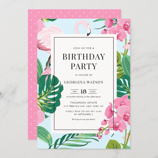 Pink Flamingo and Orchids Tropical Birthday Party Invitation (Front/Back)