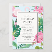 Pink Flamingo and Orchids Tropical Birthday Party Invitation (Front)