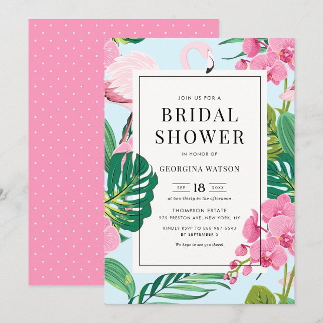 Pink Flamingo and Orchids Tropical Bridal Shower Invitation (Front/Back)