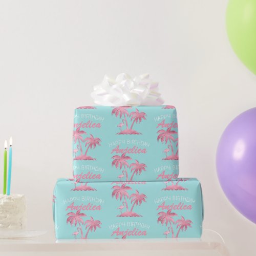 Pink Flamingo and Palm Trees on Teal Wrapping Paper