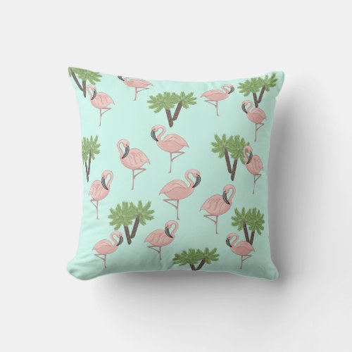 Pink Flamingo and Palm Trees Pattern Throw Pillow