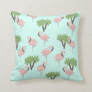 Pink Flamingo and Palm Trees Pattern Throw Pillow